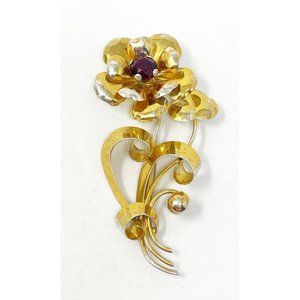 Vintage Marked AT 925 Sterling Silver Vermeil Large Red Glass Flower Brooch Pin
